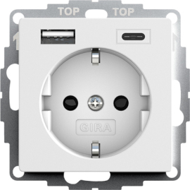 Розетка USB A+C с электрической розеткой
E2,  Event,  Esprit,  USB type-C 5V,  USB type-A 5V,  Электр. с USB,  двойная,   цвет - белый матовый,  пластмасса,  245927,  2459 27,  Gira
 - PULSAL.RU