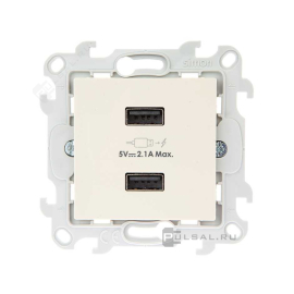 Розетка USB, 2,1А
Simon 24 Harmonie,  USB type-A 5V,  двойная,   цвет - слоновая кость,  пластмасса,  2411096-031,  Simon
 - PULSAL.RU