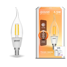 Лампа Gauss Smart Home Filament СF35 4,5W 495lm 2700К E14 диммируемая LED 1/10/40
филаментная
Smart Light,   цоколь - E14,   мощность - 4.5Вт,   световой поток - 495Лм,   цветовая температура - 2700К,  диммируется,  1260112,  Gauss - PULSAL.RU