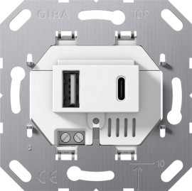Механизм розетки USB, 3,0А (Type A + Type C)
Studio,  Standard 55,  E2,  E3,  Event,  Esprit,  ClassiX,  ClassiX Art,  F100,  S-Color,  USB type-C 5V,  USB type-A 5V,  двойная,   цвет - белый,  234900,  2349 00,  Gira
 - PULSAL.RU