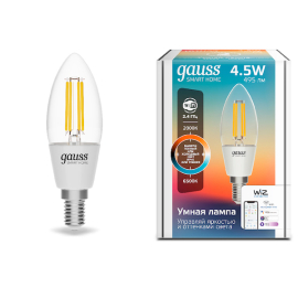 Лампа Gauss Smart Home Filament С35 4,5W 495lm 2000-6500К E14 изм.цвет.темп.+дим. LED 1/10/40
филаментная
Smart Light,   цоколь - E14,   мощность - 4.5Вт,   световой поток - 495Лм,   цветовая температура - 2000Кцветовая температура - 2000+2700+3000+4000+5500+6500Кцветовая температура - 2700Кцветовая температура - 3000+4000+6500Кцветовая температура - 4000Кцветовая температура - 6500К,  диммируется,  1250112,  Gauss - PULSAL.RU