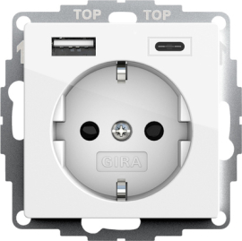 Розетка USB A+C с электрической розеткой
Studio,  Standard 55,  E2,  E3,  Event,  Esprit,  USB type-C 5V,  USB type-A 5V,  Электр. с USB,  двойная,   цвет - белый глянцевый,  пластмасса,  245903,  2459 03,  Gira
 - PULSAL.RU