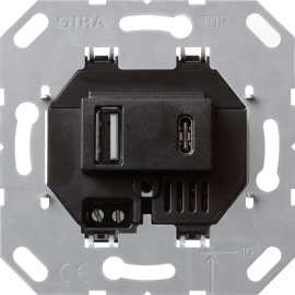 Механизм розетки USB, 3,0А (Type A + Type C)
Studio,  Standard 55,  E2,  E3,  Event,  Esprit,  ClassiX,  ClassiX Art,  F100,  S-Color,  USB type-C 5V,  USB type-A 5V,  двойная,   цвет - черный,  236900,  2369 00,  Gira
 - PULSAL.RU
