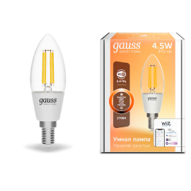 Лампа Gauss Smart Home Filament С35 4,5W 495lm 2700К E14 диммируемая LED 1/10/40
филаментная
Smart Light,   цоколь - E14,   мощность - 4.5Вт,   световой поток - 495Лм,   цветовая температура - 2700К,  диммируется,  1230112,  Gauss - PULSAL.RU