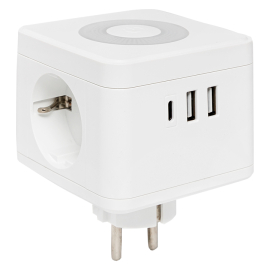 Тройник "Куб" - 2 розетки, 2хUSB-А + USB Type C (с ночником),   длинна провода - без проводам.,  USB зарядка,   цвет -  белый,  UBA-CUB-T2-TC,  EKF - PULSAL.RU