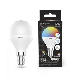 Лампа Gauss Шар 6W E14 RGBW+димирование LED 1/10/100
светодиодная
Smart Light,   цоколь - E14,   мощность - 6Вт,   световой поток - 440Лм,   цветовая температура - 3000+4000+6500К,  диммируется,  105101406,  Gauss - PULSAL.RU